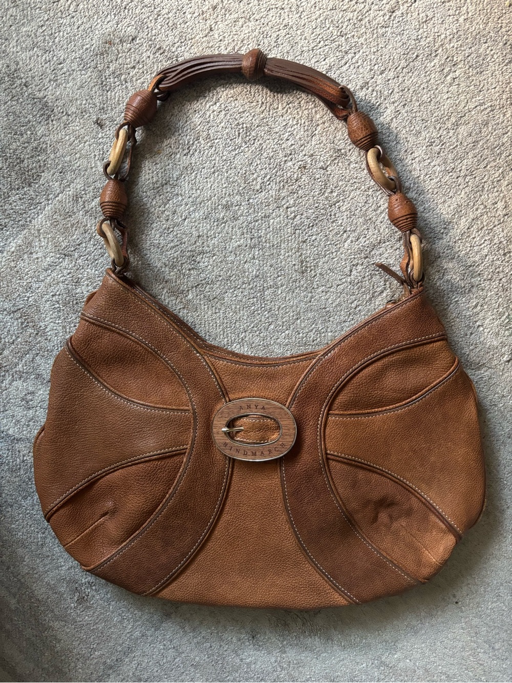 Anya Hindmarch Lila Tan Brown Curved Hobo Shoulder Bag